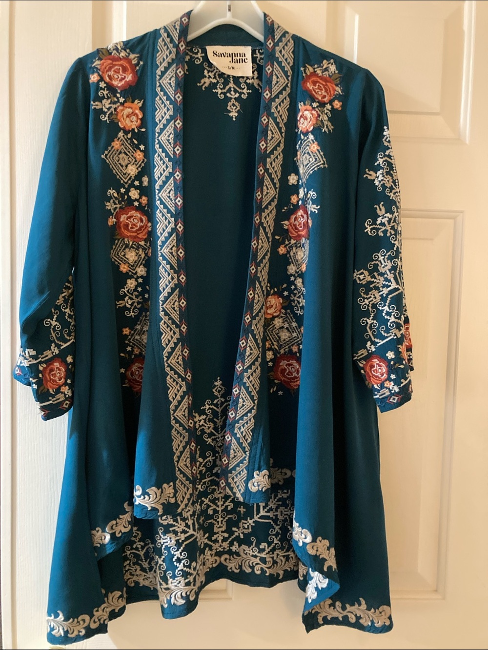 Savanna Jane Teal Embroidered Floral Open Front Jacket